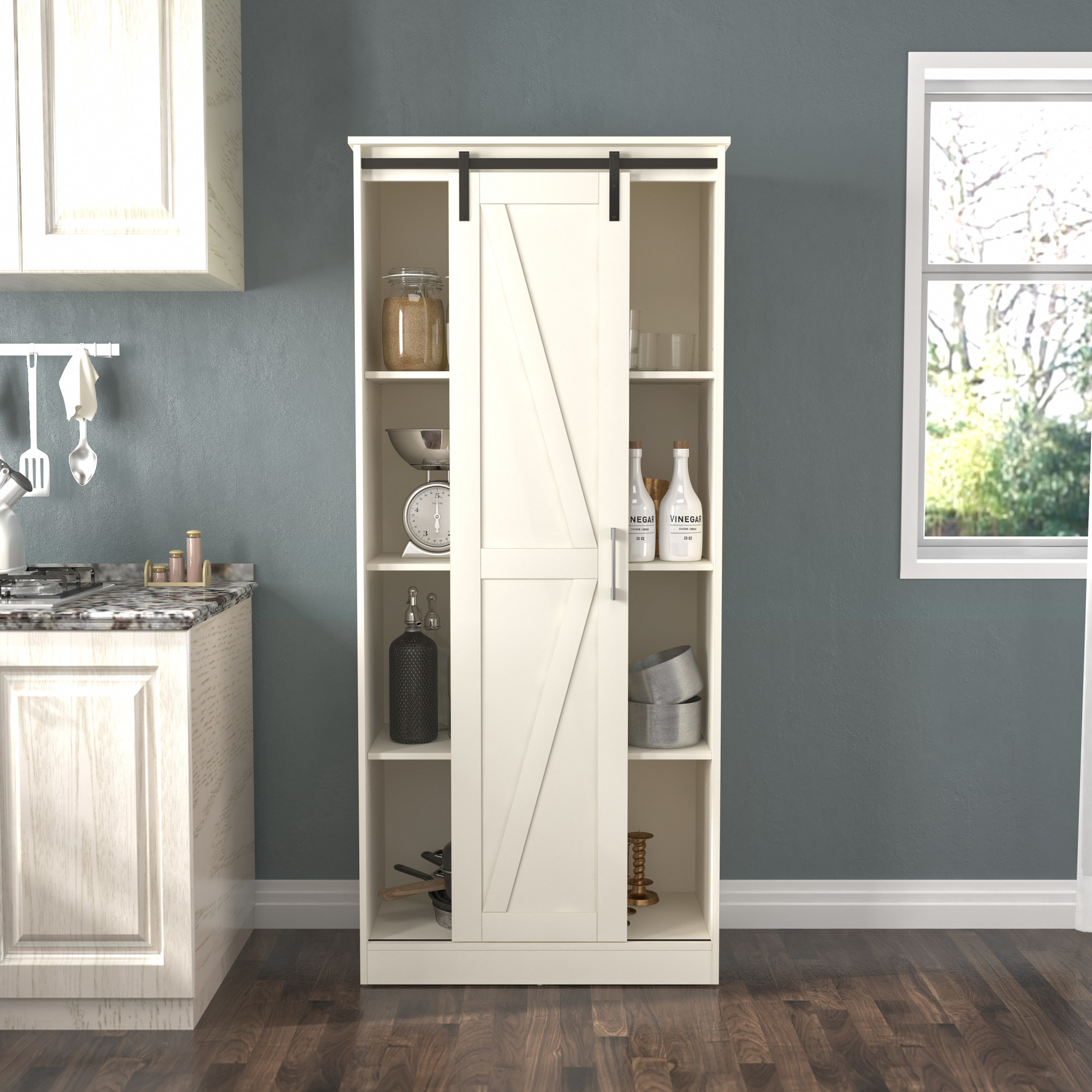 Woven Paths Shelton Wood Kitchen Pantry with 1 Sliding Barn Door, Ivory