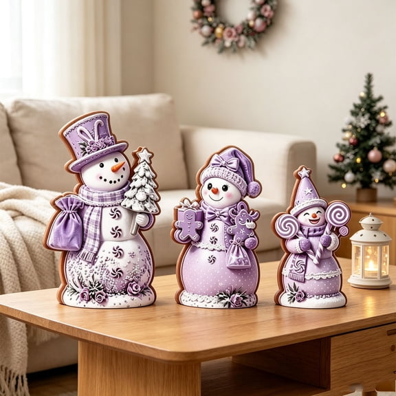 Lilixerw Christmas Snowman Figurine Set of 3 Purple with Hats Scarves Christmas Tree Gingerbread for Shelf Mantel Holiday Seasonal Home Decoration