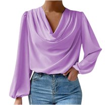 Women's Chiffon Cowl Neck Drape Ruched Front Long Sleeve Blouse Shirt Top Party Outfits Work Tops