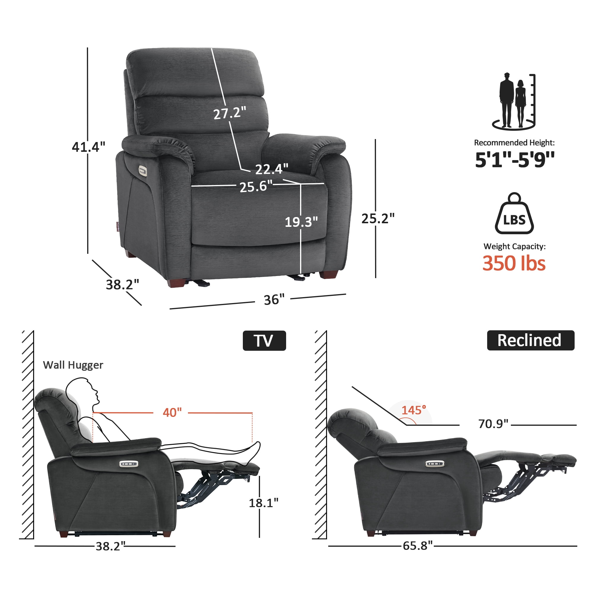 MCombo Zero Wall Hugger Power Recliner Chair for Small Space RV Living Room, Fabric (Dark Grey)