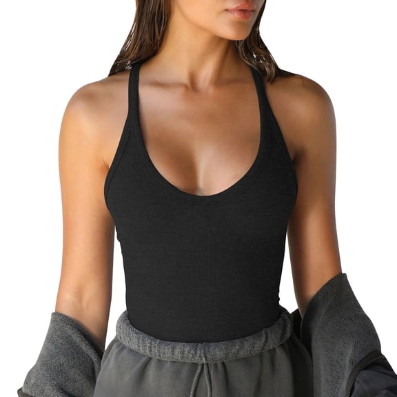 Kilaqueen Tank Tops for Women U Neck Halter Racerback Sleeveless Ribbed Knit Tops Casual Solid Color Lightweight Soft Basic Layering Tank Tops