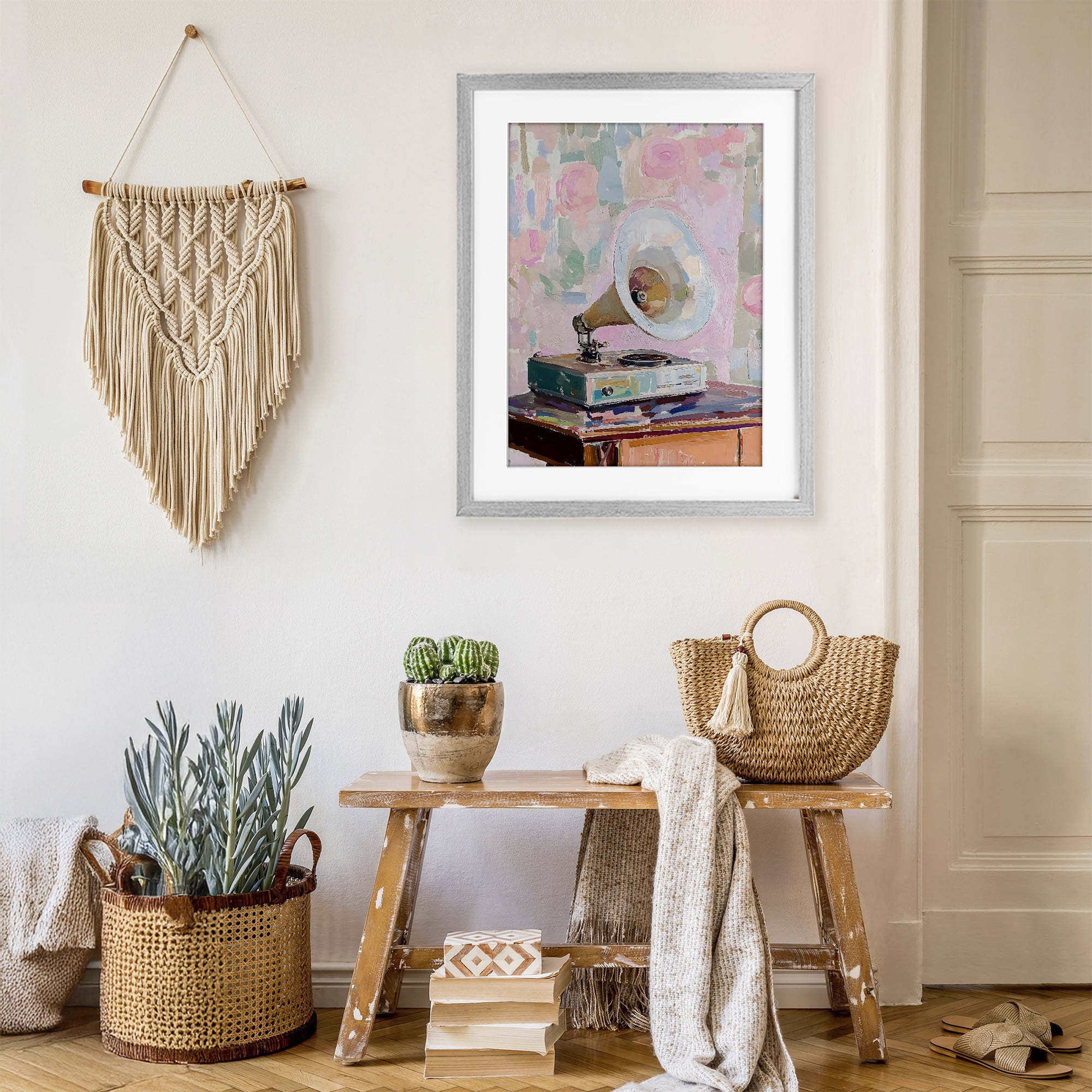Stupell Industries Vintage Gramophone in Soft Pastels Gray Framed Print Under Glass, design by The Prints Vibe