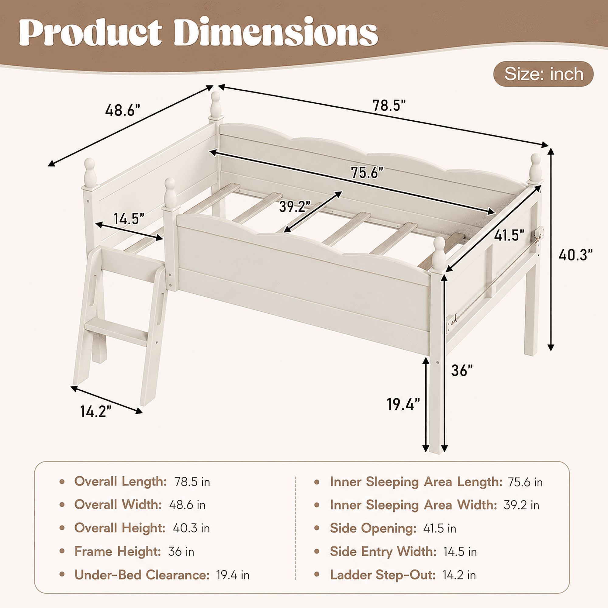 Miniyam Twin Low Loft Bed with Bookshelf and Guardrails, Wood Kids Bed for Bedroom, White
