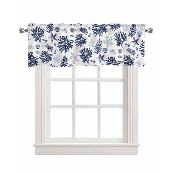 Nautical Coastal Corals Linen Curtain Valance for Bedroom/Bathroom/Kitchen/Office/Living/Dining Room Windows,Navy Blue Tropical Reef Watercolor Pocket Topper Drapes Decorative Cafe Drapery 42x12