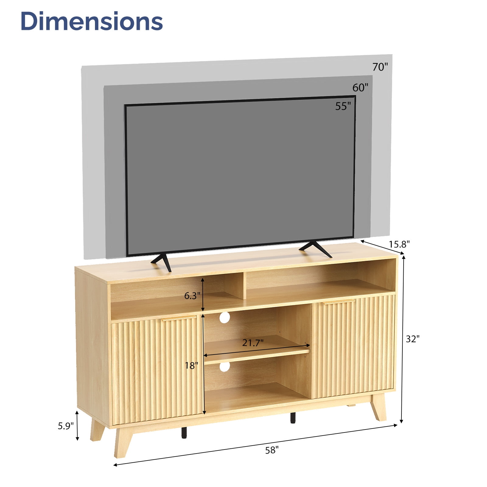 Ktaxon Modern Fluted TV Stand for 55/60/65" TVs, Wood Entertainment Center with 2 Doors and 4 Open Shelves Storage for Living Room, Home, Light Walnut