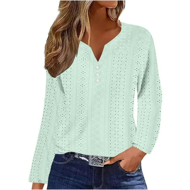 Timegard Eyelet Tops for Women Notched V Neck Button Blouse Dressy Casual Long Sleeve Loose Tops Fall