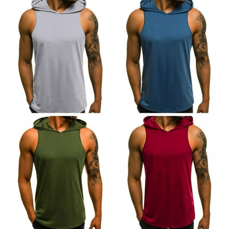 Men's Workout Gym Hooded Tank Top Sleeveless Cut Off Fashion T Shirts S-XXL