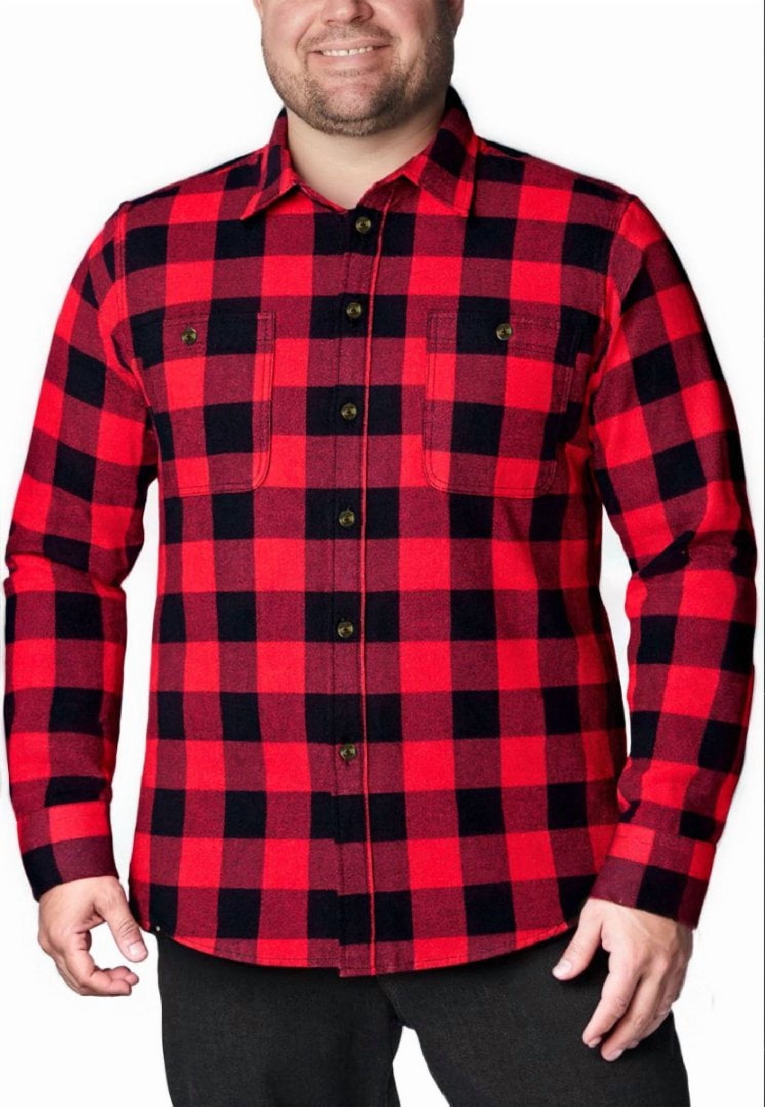 Damipow Men's Flannel Shirt - Long Sleeve Plaid Button-Down, Red Buffalo Check, Size X-Large