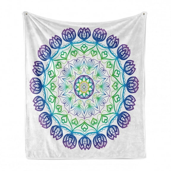Rainbow Mandala Soft Flannel Fleece Blanket, Boho Rosette Pattern with Hearts and Star Ornamental Oriental Composition, Cozy Plush for Indoor and Outdoor Use, 70" x 90", Multicolor, by Ambesonne