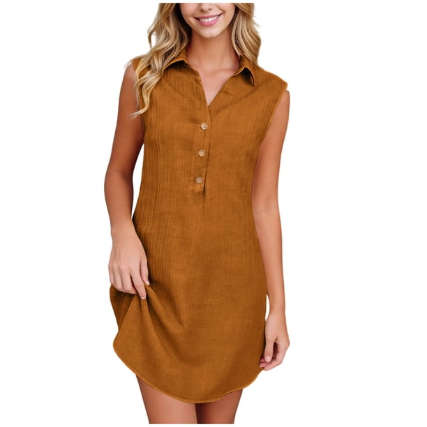 Vestido de Camisa de Cuello sin Mangas de Tamaño Más Alto, Color Sólido Mini Casual con Bolsillos para el Verano