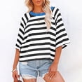 thumbnail image 5 of Prolriy Womens Summer Tops Women's 2025 European and American Summer Short Sleeved Striped T Shirt Short Sleeved Color Matching Design Loose Basic T Shirt Top Summer Shirts for Women Blue S, 5 of 6