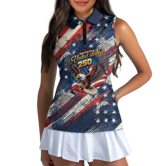 Aplkyhs 250th Anniversary Eagle Women's Golf Sleeveless Shirt Quick Dry Women's Sleeveless Shirts Racerback Design Breathable Fabric for Golf,Tennis,Hiking,Running,Gym Quick Dry