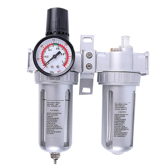 Air Compressor Filter Regulator with Water Separator Trap for Home Use Two Pieces Silver Aluminum