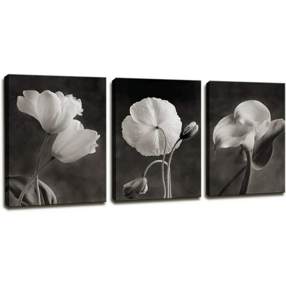 Canvas Wall Art Contemporary Simple Life White Flower Lily Painting Wall Art Decor - 3 Panels Framed Canvas Prints Black and white Style Giclee Artwork Ready to Hang Home Decorations Office Decor Gift