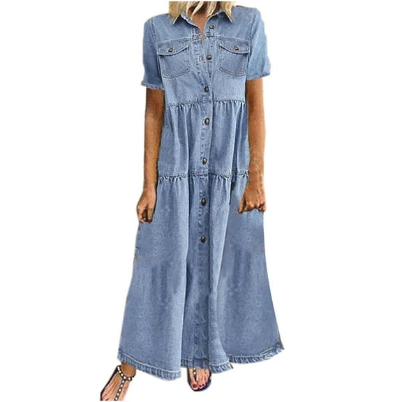 Denim Dress for Women Casual Summer Retro Short Sleeve Turn Down Collar Pockets Button Long Loose Dress