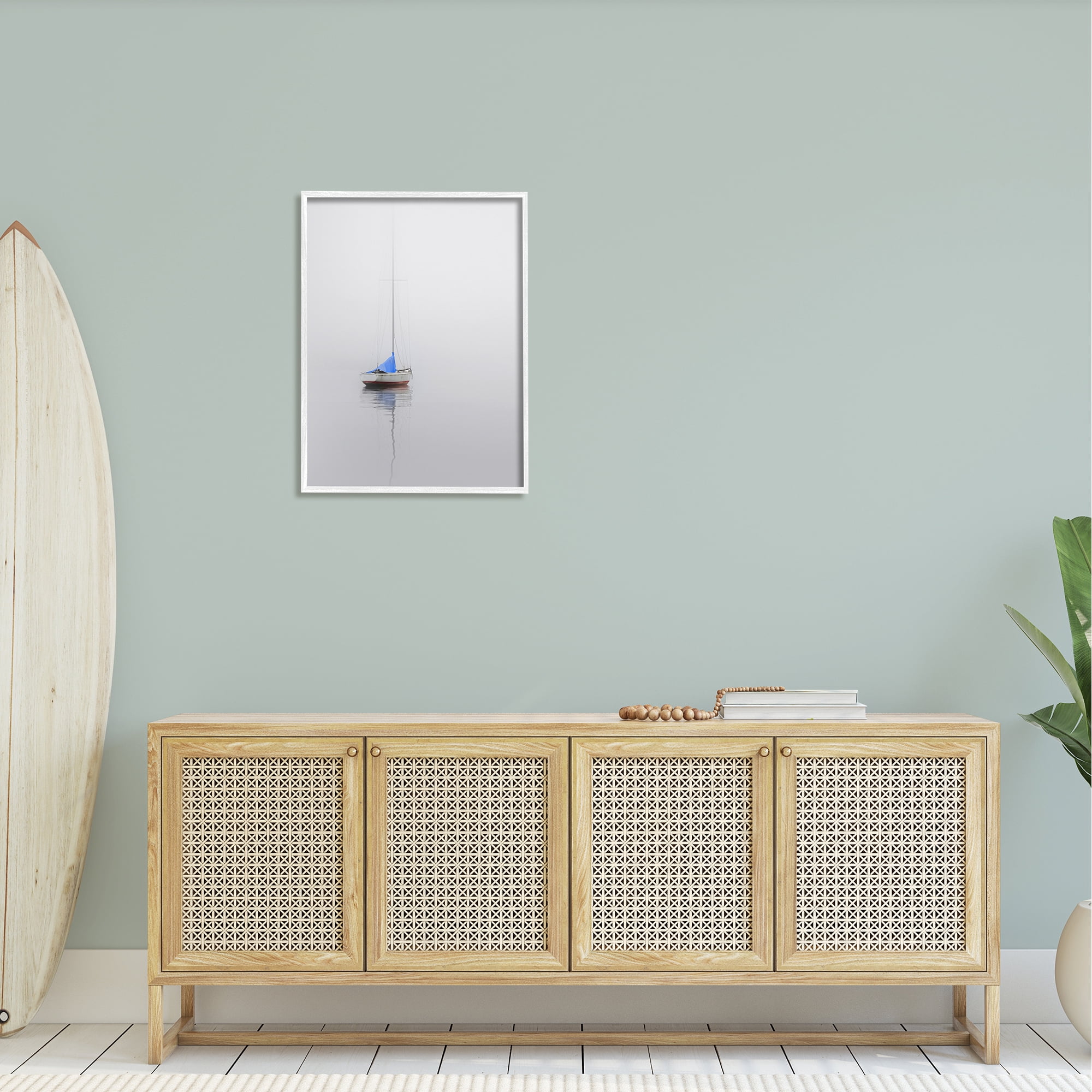 Stupell Drifting Boat Grey Ocean Reflection Landscape Photography White Framed Art Print Wall Art