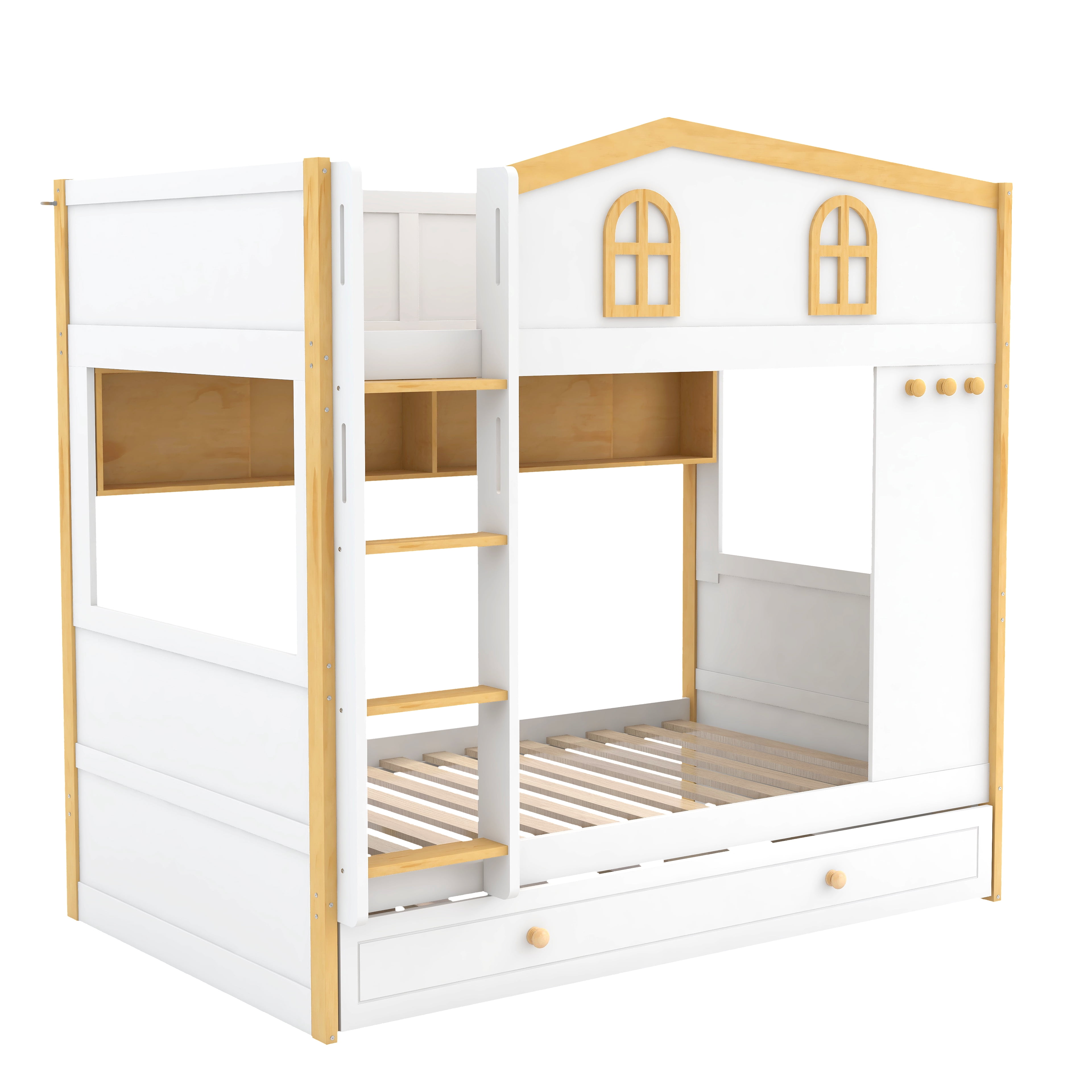 Euroco Wood Twin over Twin Bunk Bed with Shelves and Trundle, House Bed with Guardrails, White