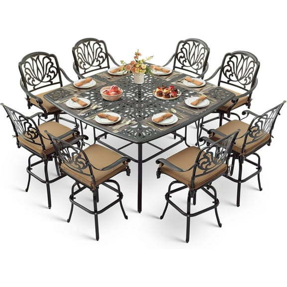 VIVIJASON 9-Piece Outdoor High Patio Dining Set, Free-Rust Cast Aluminum Patio Bar Table and Chairs Set with 8 Swivel Bar Stools & 64" Bar Height Dining Table for Backyard, Lawn, Garden