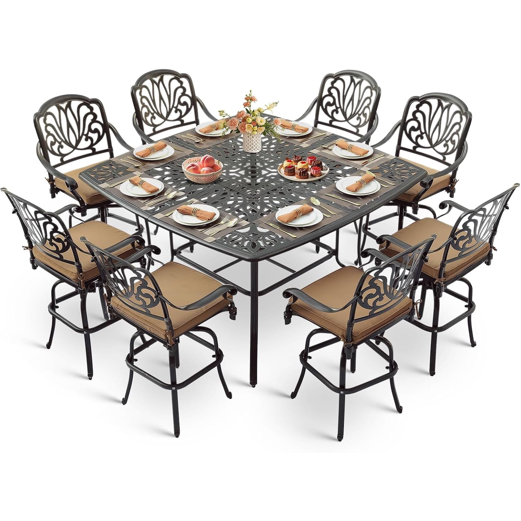 VIVIJASON 9-Piece Outdoor High Patio Dining Set, Free-Rust Cast Aluminum Patio Bar Table and Chairs Set with 8 Swivel Bar Stools & 64" Bar Height Dining Table for Backyard, Lawn, Garden