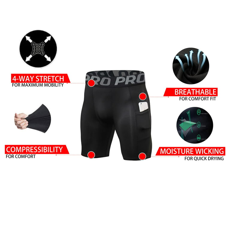 LANBAOSI 3 Pack Mens Anti Chafing Underwear Running Black Compression  Shorts with Pocket Size 2XL