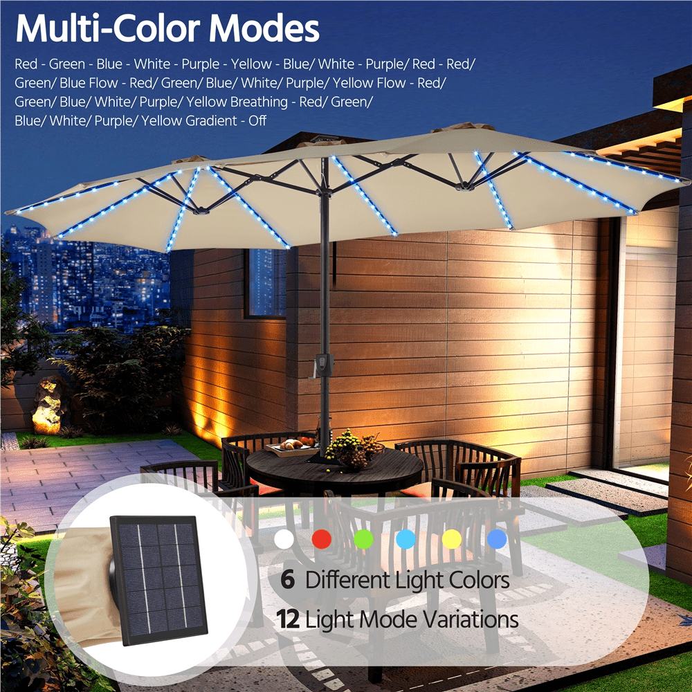Renwick 15 FT Outdoor Umbrella with Base & Multi-Mode LED Lights Strips, Tan
