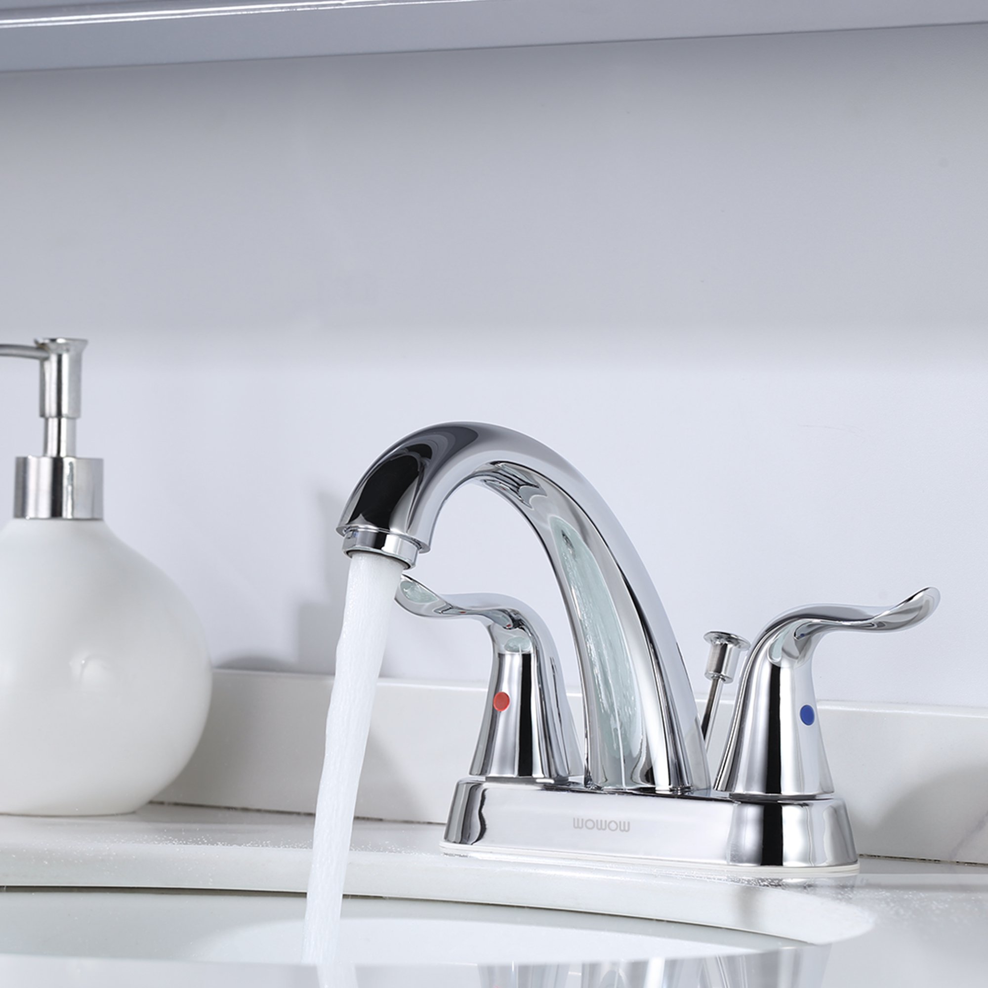 WOWOW 4 inch Bathroom Faucet 2 Handle Faucet for Bathroom Sink 3 hole Stainless Steel Faucet with Drain, Chrome