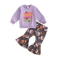 thumbnail image 2 of Elippeo Toddler Girls Halloween Outfits 6 12 18 24 Months 3 4 5 Years Letter Print Long Sleeve Sweatshirt and Pumpkin Print Flare Pants Set 2 Piece Clothes, 2 of 9