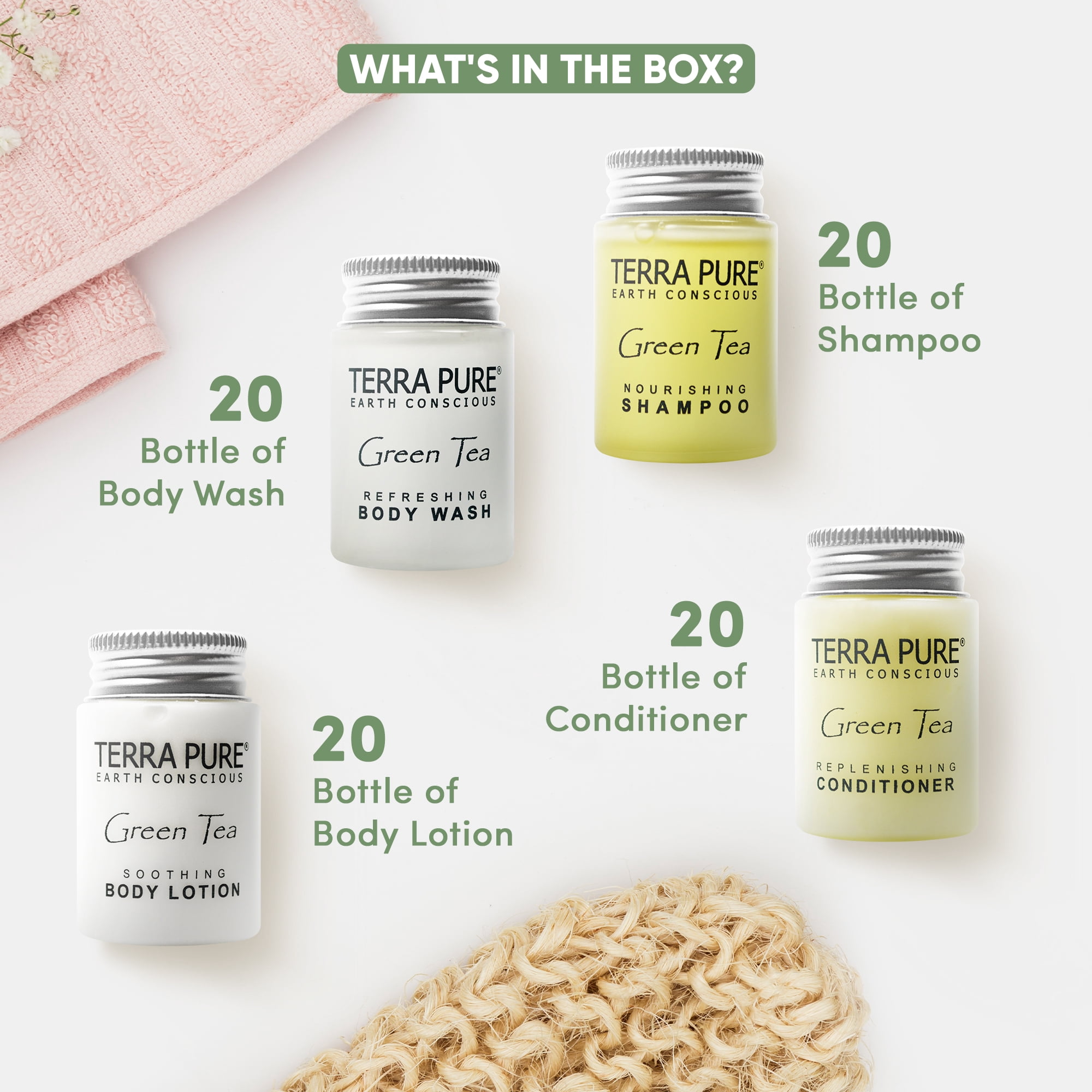 Terra Pure Green Tea 1.0 oz. Toiletries Set | 1-Shoppe All-In-Kit Amenities For Hotels, Airbnb & Rentals | Hotel Shampoo & Conditioner, Body Wash, Body Lotion | 80 Piece Travel Set