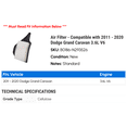 thumbnail image 2 of Air Filter - Compatible with 2011 - 2020 Dodge Grand Caravan 3.6L V6 2012 2013 2014 2015 2016 2017 2018 2019, 2 of 2