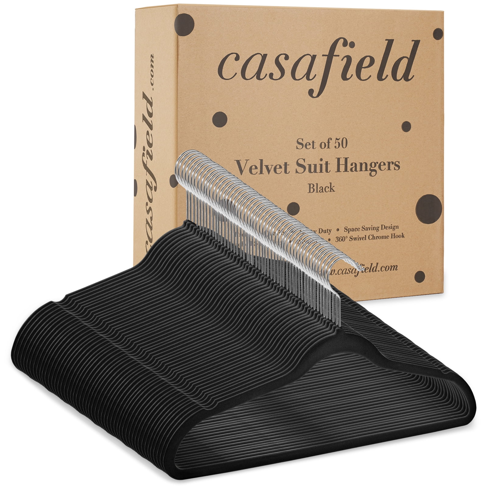 Casafield 50 Velvet Suit Hangers, Black - Space Saving, Non-Slip & Swivel Hook