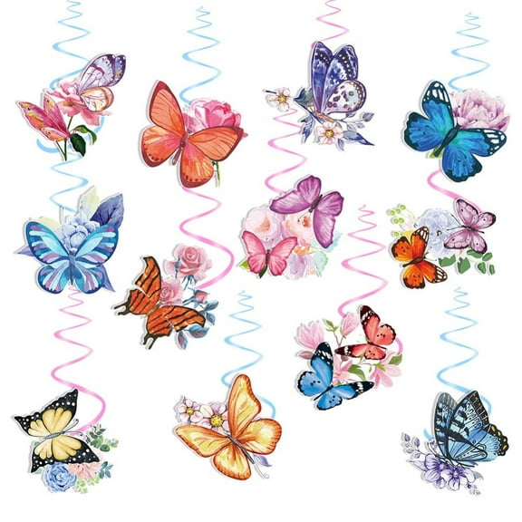 Godderr Flower Butterfly Hanging Swirls with Lights for Spring Summer Easter Flower Butterfly Themed Birthday Party Decorations