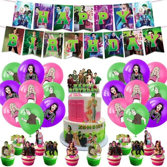 New 32 PCS Exquisite Zombies 3 Party Supplies, Birthday Decorations Set Include Banner, Balloons, Cake Topper, Cupcake Toppers for Kids Zombies Theme Party, Surprise for Boys Girls Fans