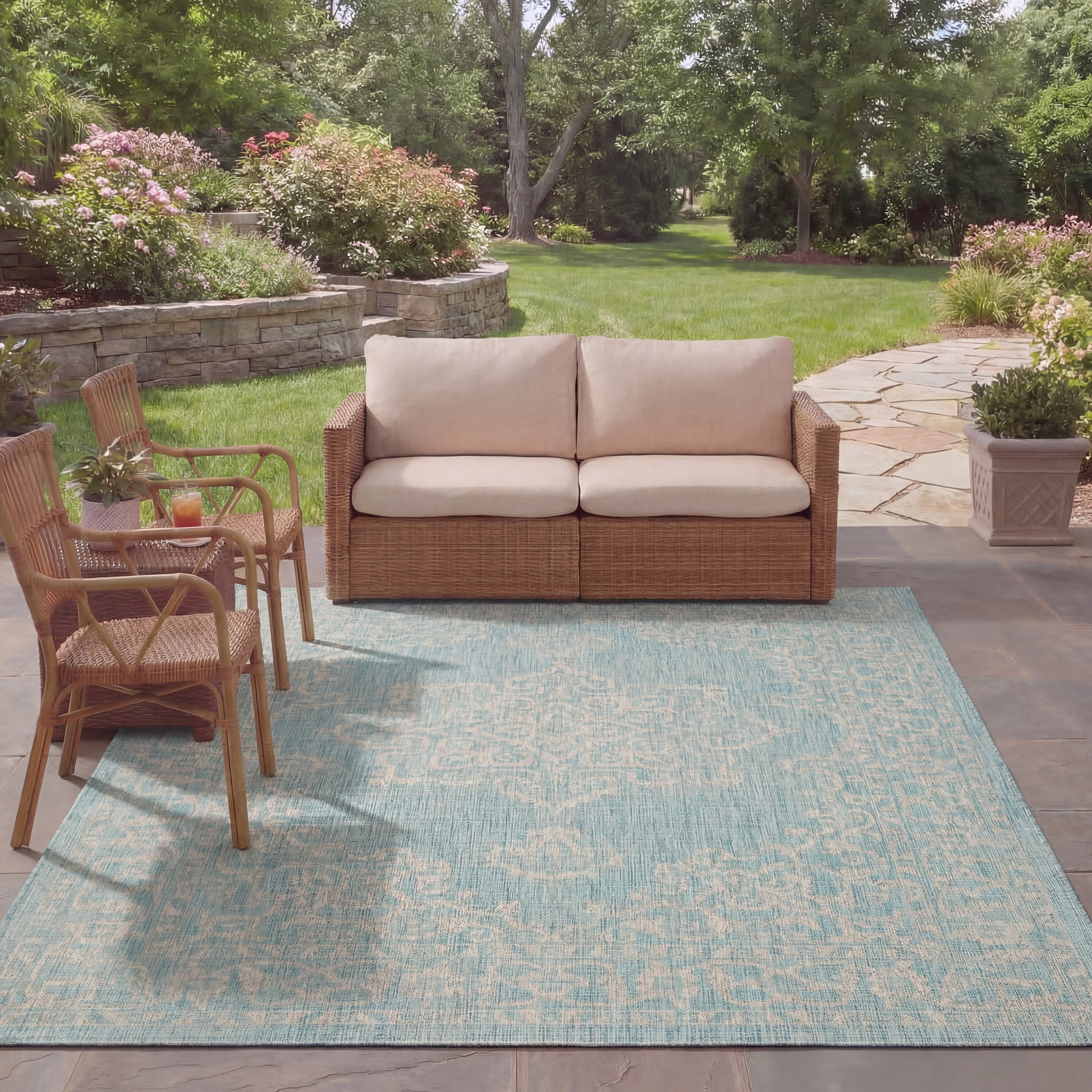 SAFAVIEH Courtyard Clodagh Medallion Indoor/Outdoor Area Rug, Aqua/Grey, 6'7" x 6'7" Square