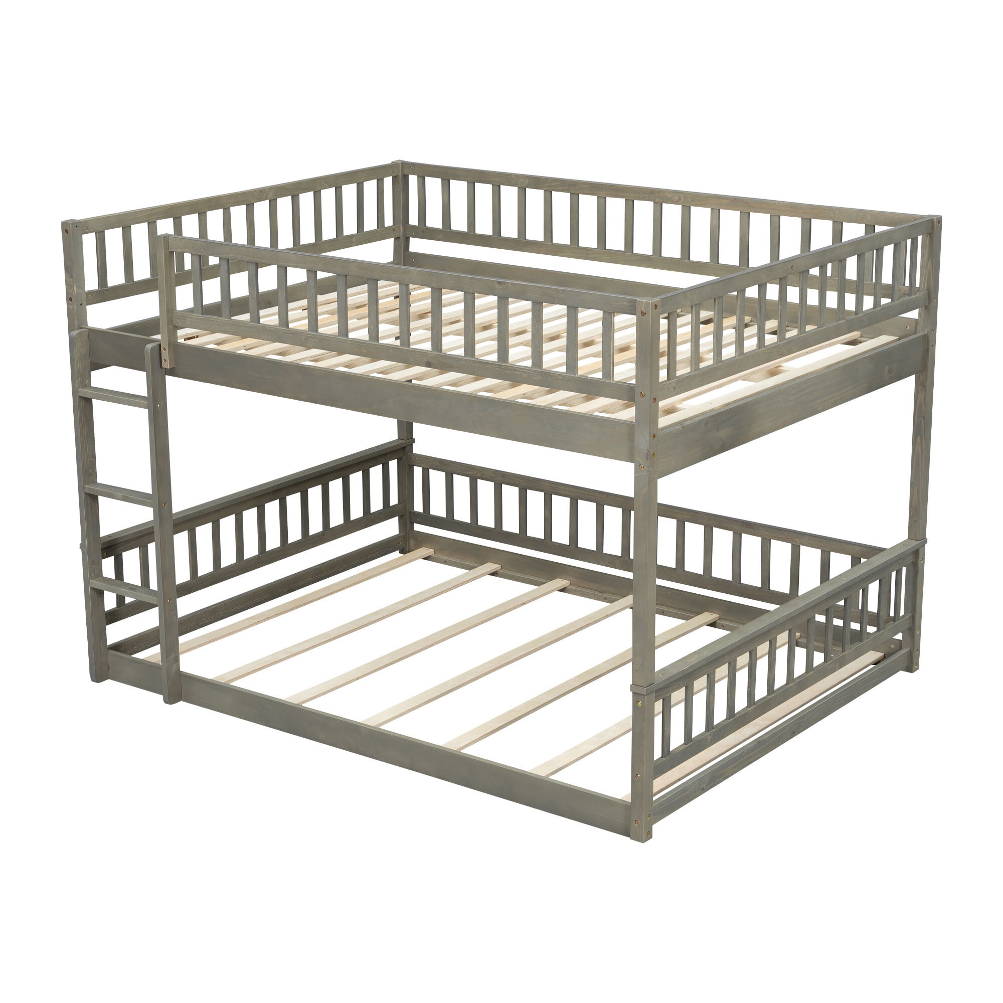 Euroco Wood Queen over Queen Bunk Bed with Ladder and Guardrails, Gray
