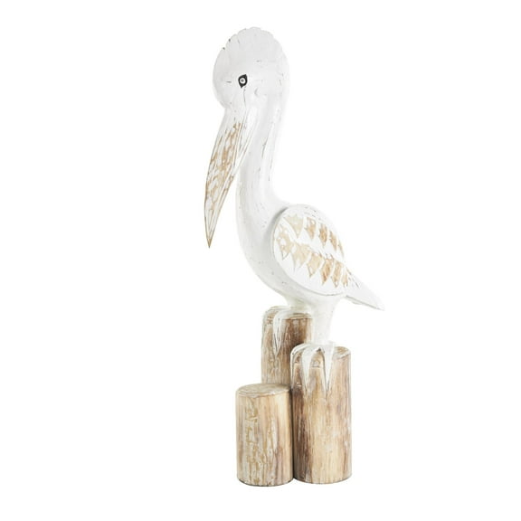 7" x 24" White Wood Handmade Distressed Pelican Sculpture with 3 Brown Posts, by DecMode