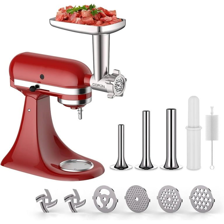 Metal Meat grinder attachment for KitchenAid stand mixers, Grinder  Attachment Includes 4 Grinding Plates, 3 Sausage Stuffer Tubes, 2 Blades,  and by COFUN 