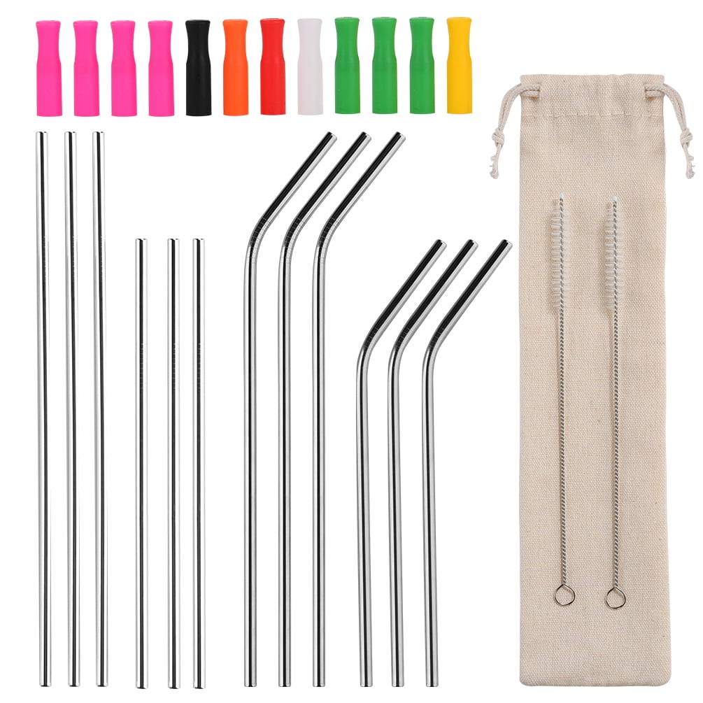 12 Pcs Stainless Steel Straws 10.4' & 8.5' Reusable Drinking Straws with 11 Silicone Tip & 2 Cleaning Brush & Travel Bag | Reusable Metal Straws Fit for 20 24 30 oz Tumbler Coffee Juice Cold Beverage