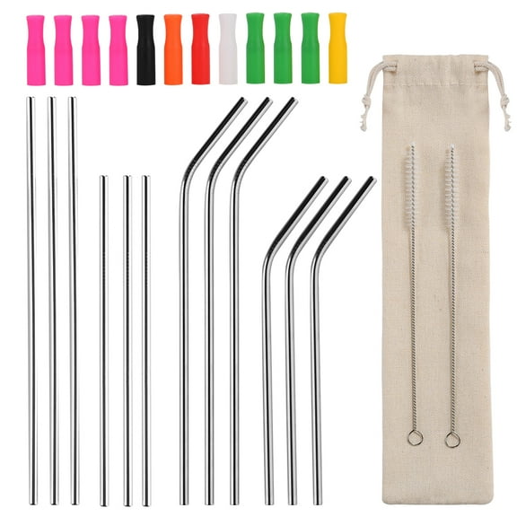 12 Pcs Stainless Steel Straws 10.4" & 8.5" Reusable Drinking Straws with 11 Silicone Tip & 2 Cleaning Brush & Travel Bag | Reusable Metal Straws Fit for 20 24 30 oz Tumbler Coffee Juice Cold Beverage