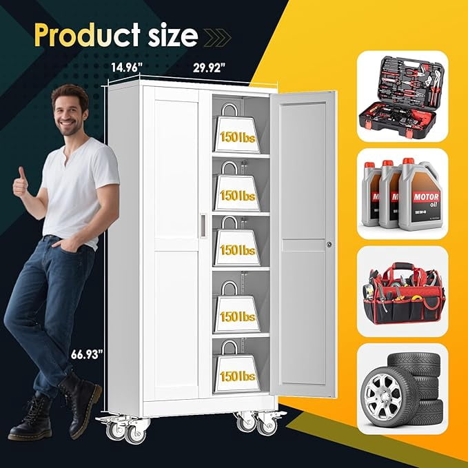 Erosoei 71"H Metal Garage Storage Cabinet with Wheels, Tool Storage Cabinet with 4 Adjustable Shelves