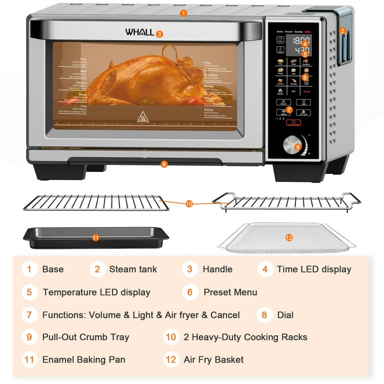 WHALL Air Fryer Oven 30-Quart Smart Convection with Steam Function