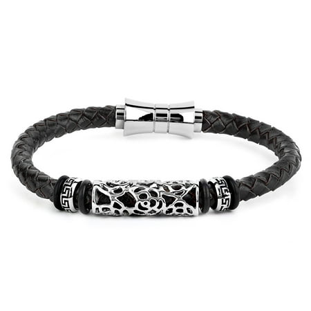 Crucible Polished Stainless Steel Black Braided Leather Bracelet (9mm), 8