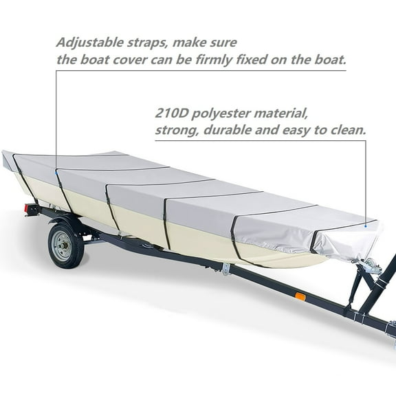 Jon Boat Cover Waterproof Heavy Duty Gray Boat Cover with Adjustable Straps， 16ft x 75in, 210 Denier Polyester