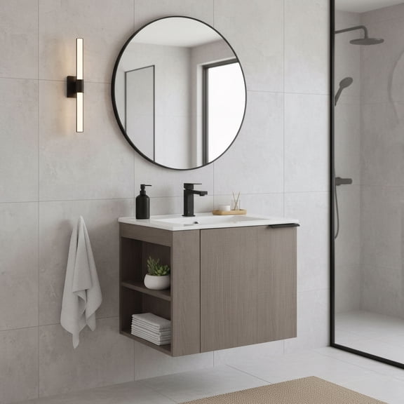 Fine Fixtures 24" Elmridge Modern Bathroom Vanity with White Ceramic Sink - Wide Open Left Side Shelves - Gray Oak