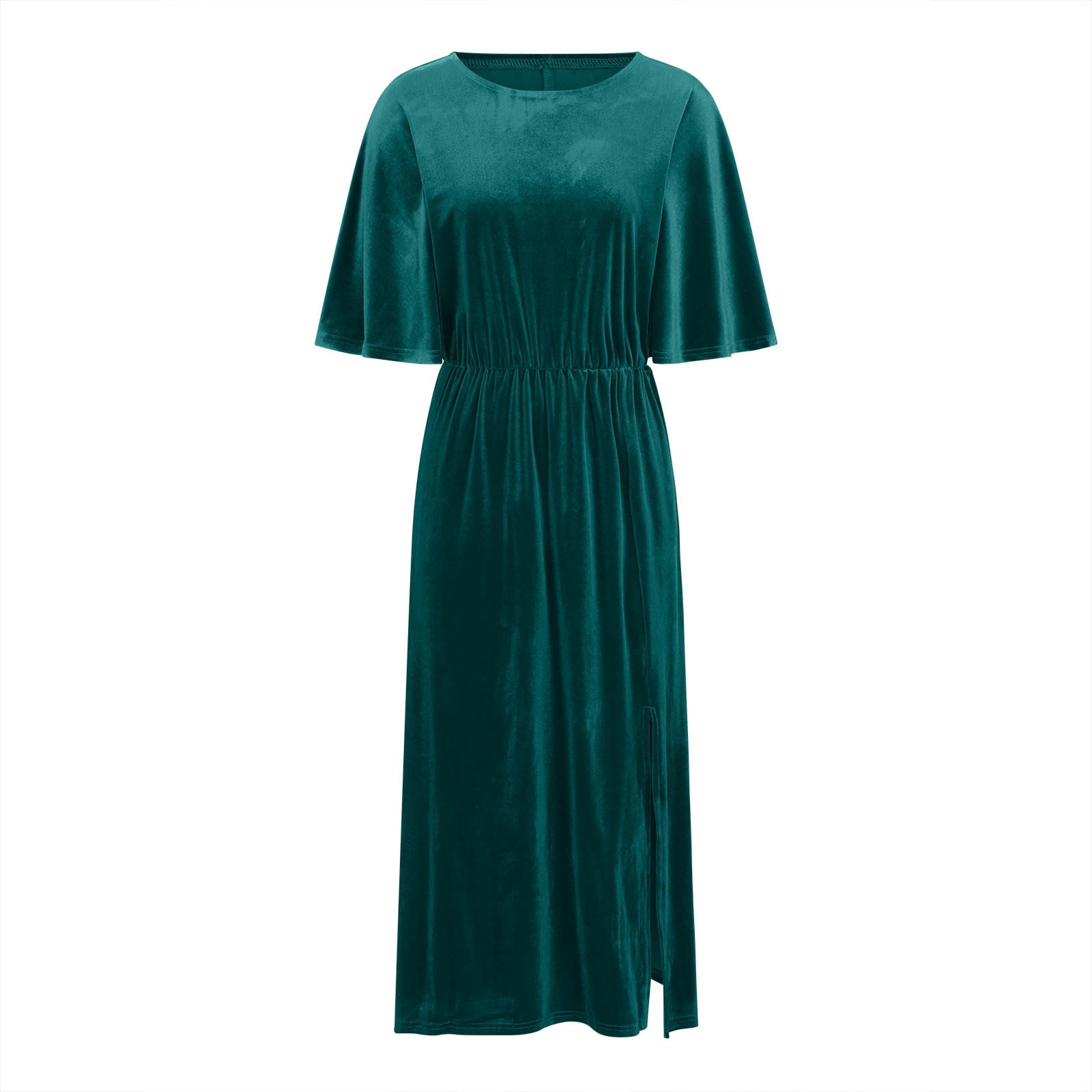 Women's Velvet Dresses Round Neck Bell Sleeve T-Shirt Dress High Split Elastic Waist Solid Dressy Dress Cocktail Party Wedding Midi Dress Green,S