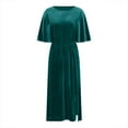 thumbnail image 6 of Women's Velvet Dresses Round Neck Bell Sleeve T-Shirt Dress High Split Elastic Waist Solid Dressy Dress Cocktail Party Wedding Midi Dress Green,S, 6 of 6