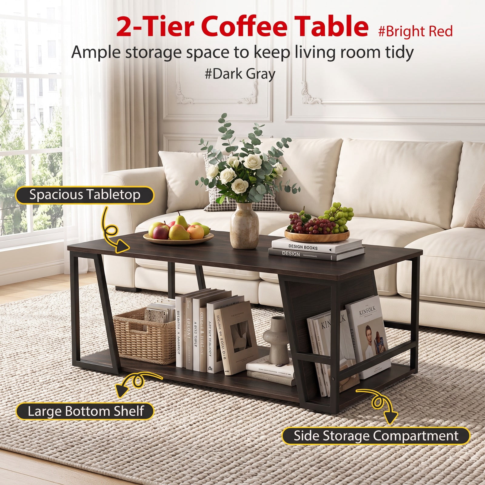 Furnibear Rectangle Industrial Coffee Table 2 Tier Accent Table with Storage Shelf and Side Compartment for Living Room, Brown