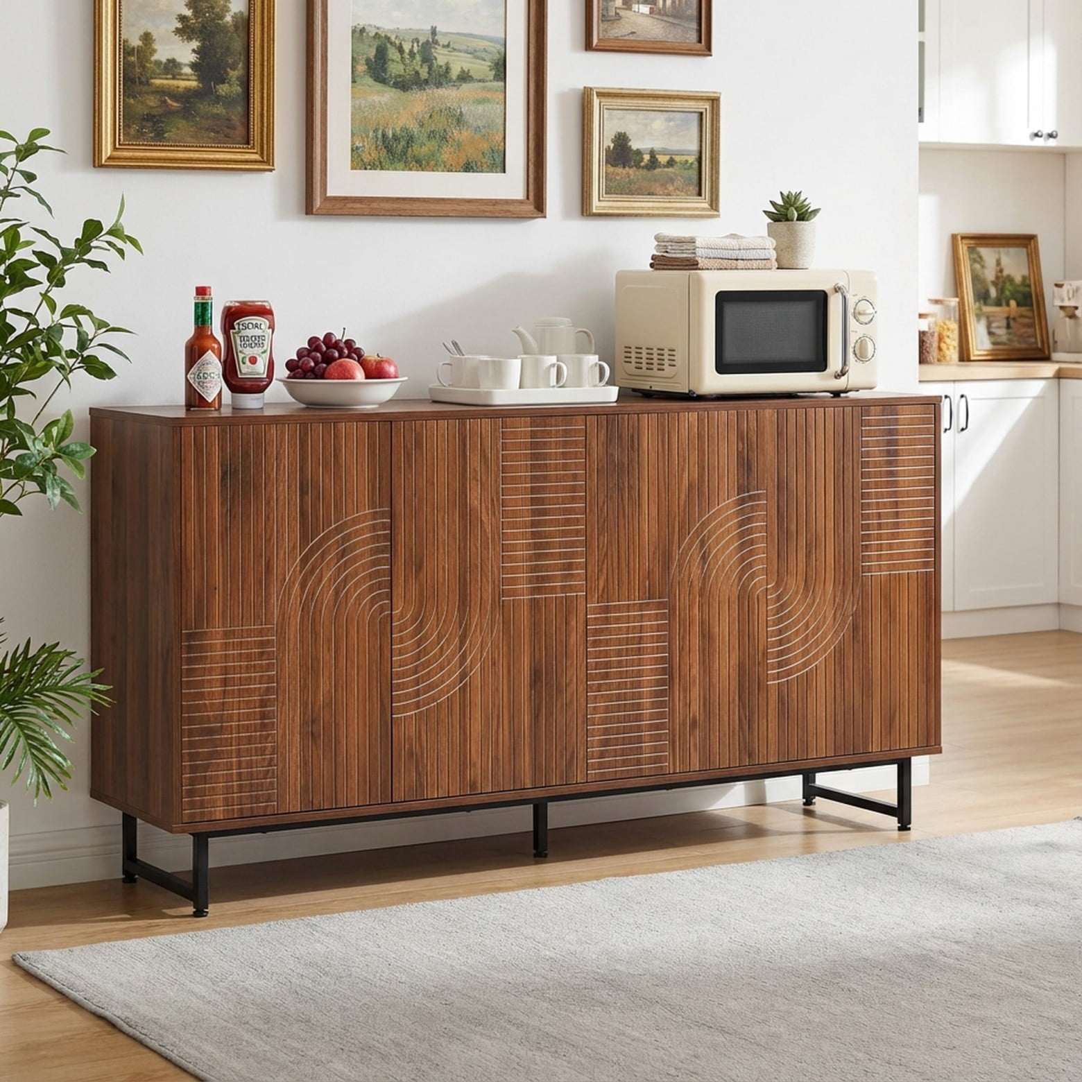 Mid Century Modern Sideboard Cabinet, 59" Walnut Buffet Cabinet with Geometric Carved Doors, Storage Credenza with Metal Legs, Multi-Purpose Cabinet for Living Room Dining Room Entryway