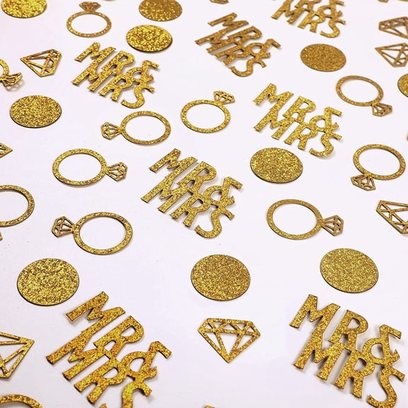 120 Pieces Gold Wedding Table Confetti, Paper Mr and Mrs Gold Diamond Ring Circle Dots Diamond Glitter Confetti for Marriage Ceremony Anniversary Valentine