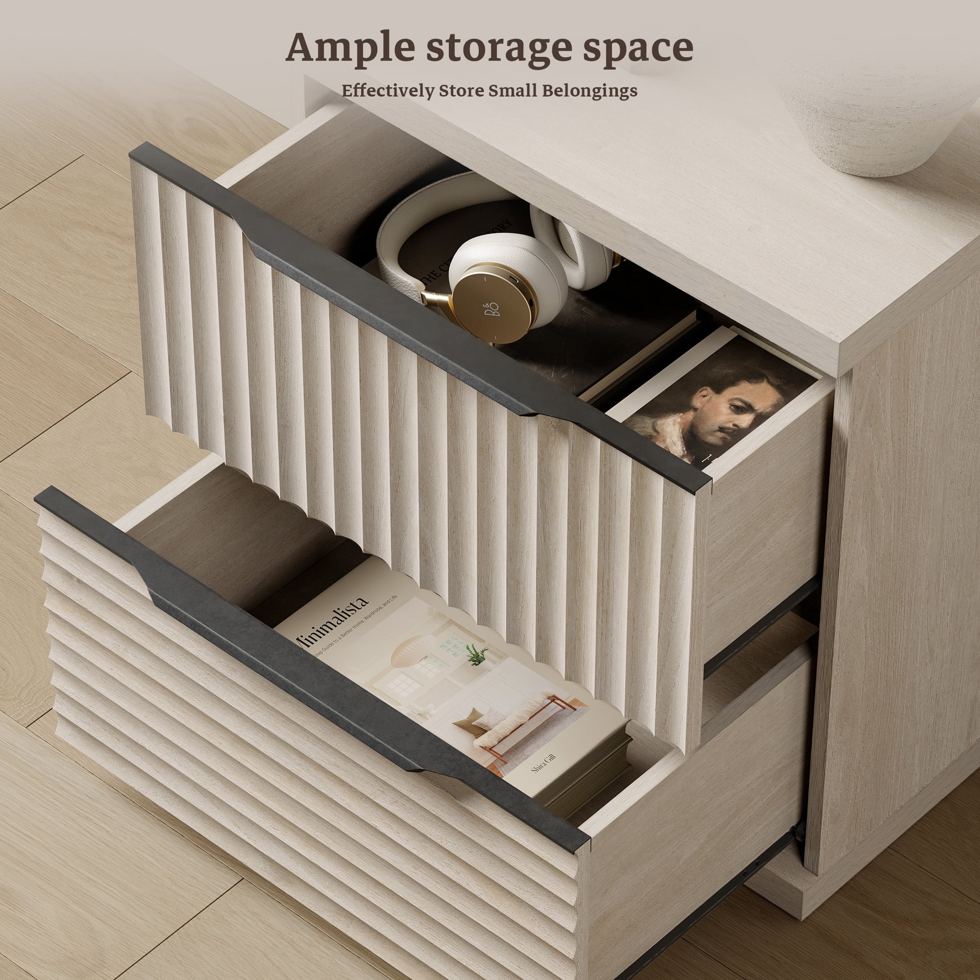 SICOTAS Modern Fluted 2 Drawer Nightstands Set of 2, Small Wooden Bedside Tables with Drawers & Black Handles, End Table for Bedroom, Living Room in Light Grey