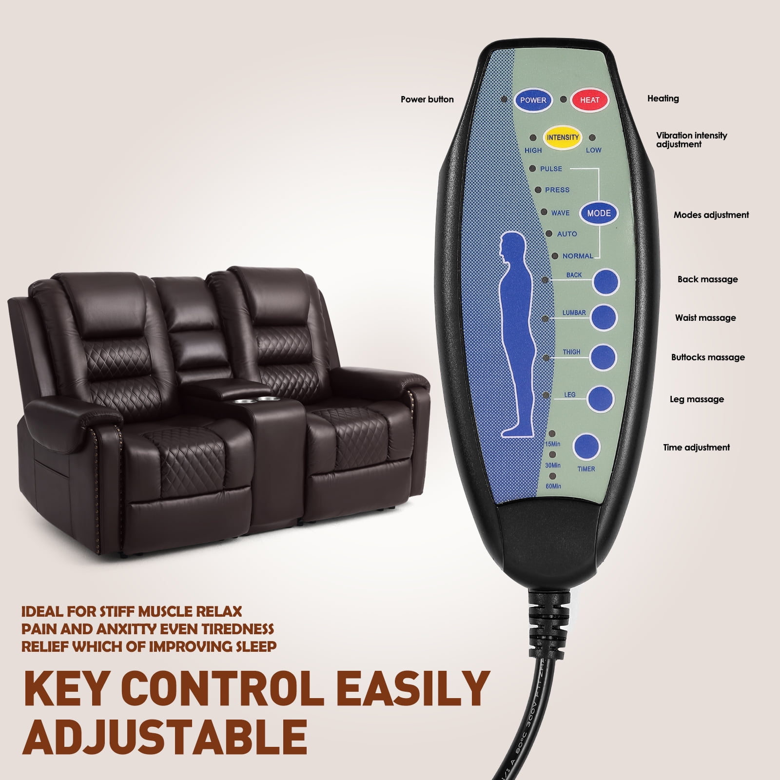 COSVALVE Electric Massage Heating Manual Recliner Loveseat Ergonomic Lumbar 2 Seaters Sofa with Remote Control, 2 Cup Holders (Brown)